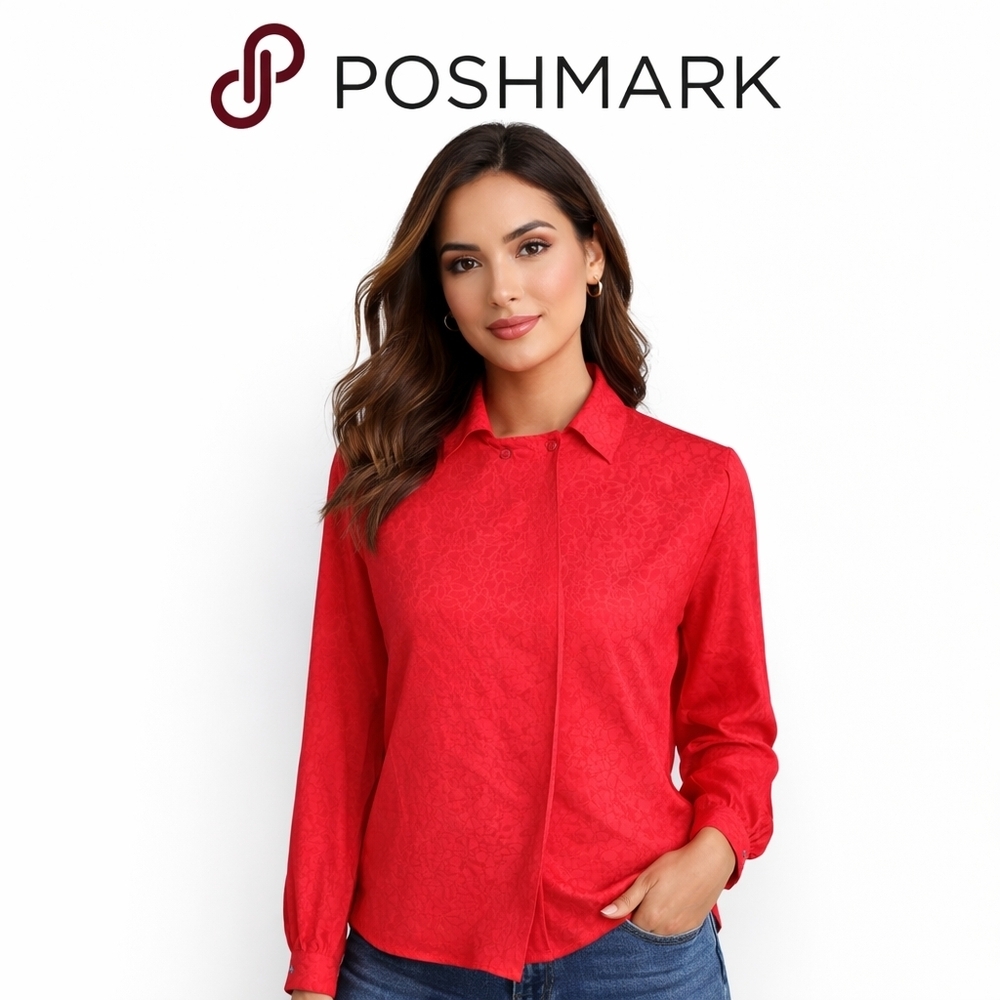 Vintage Red Jacquard Silk  Button Front Blouse Hidden Placket Classic Career 4